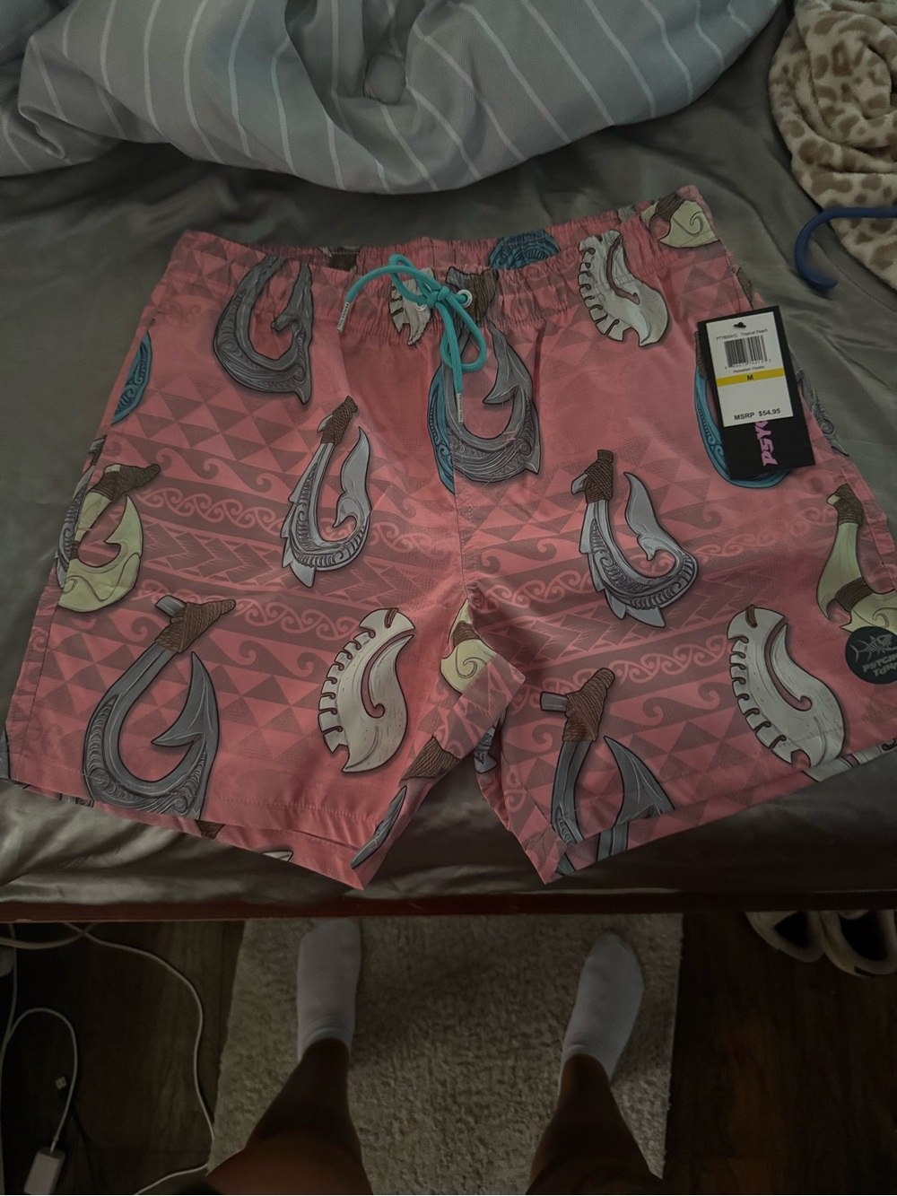 Men's Pink Tribal Hook Hybrid Shorts with Turquoise Drawstring